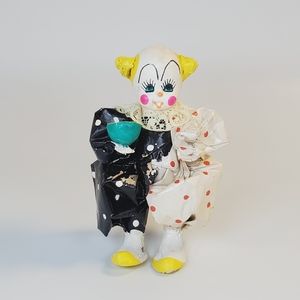Vintage Handmade Paper Mache Clown Neon Face Multicolor Red Black Polka Dot 6"